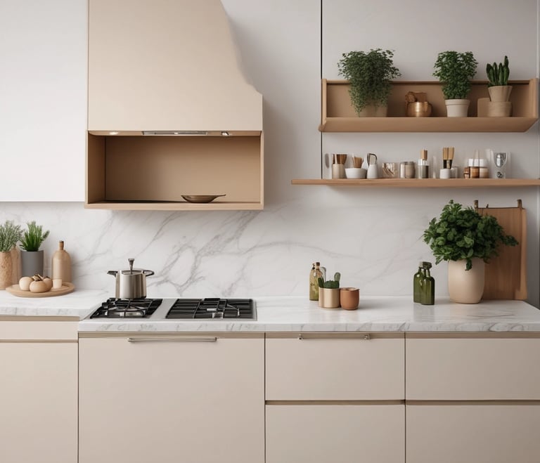 A cozy bedroom corner featuring soft beige linens and warm golden lighting.