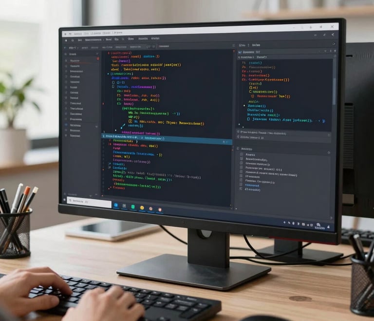Clean workspace with a laptop showing code and project sketches on paper around it.
