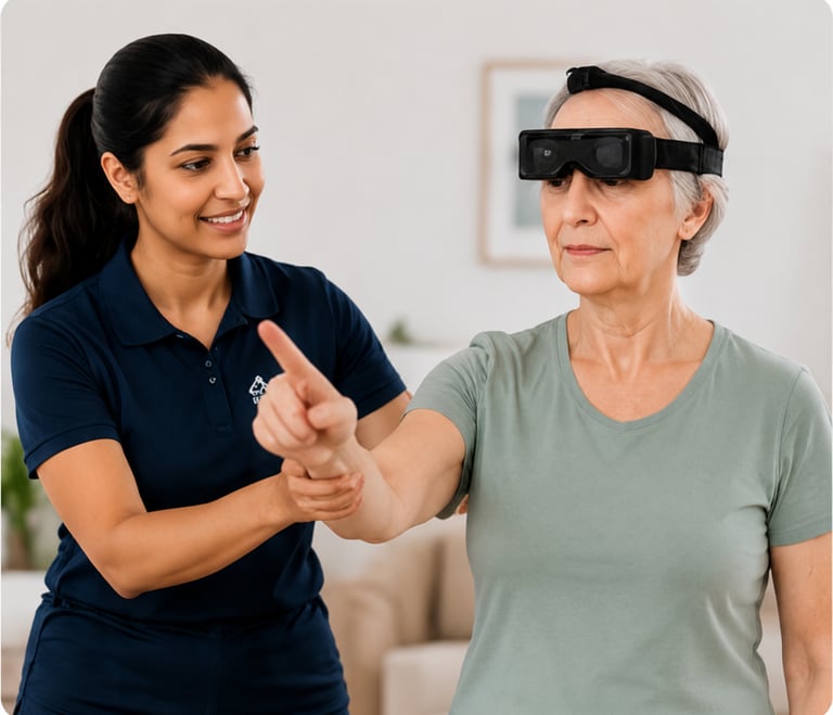 A physical therapist helps a senior patient wearing a vestibular headset perform eye tracking exercises.