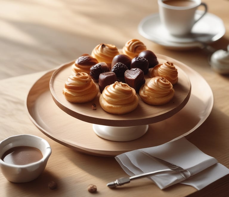 A plate of assorted snacks and desserts with playful pastel-colored table setting.