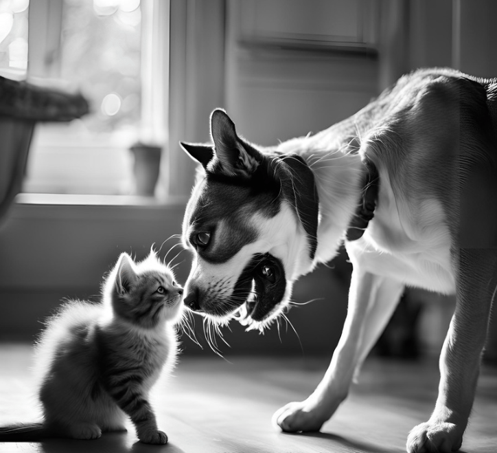 a dog and a cat are playing with each other