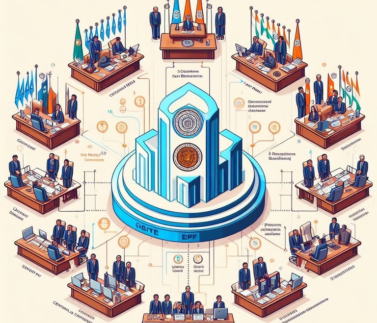 Organizational structure of Central Board, State Boards, and Board of Trustees managing the EPF.