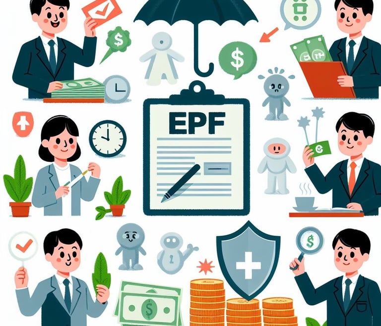 Illustration showing financial benefits under the EPF Act like financial security, insurance coverage, and pension benefits.