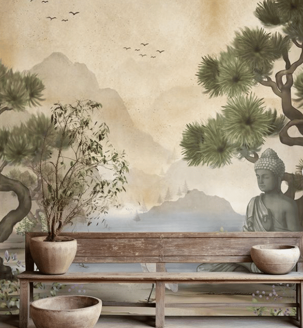 a bench with a wooden bench and a potted plant