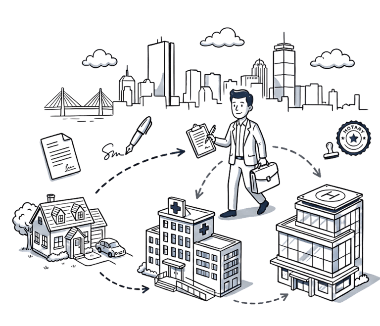 Mobile notary in Boston providing on-site notarization at homes, offices, and hospitals