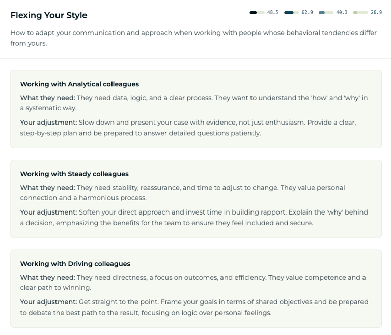 A communication guide for flexing your style with analytical, steady, and driving workplace colleagues.