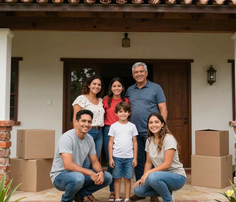 A happy Colombian family standing in front of their new home with a welcoming smile.
