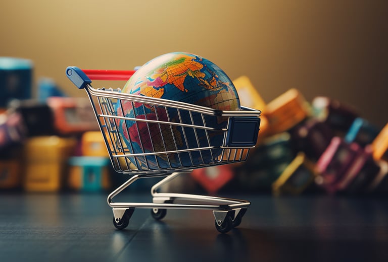 a shopping carton with a globe in the middle of a shopping carton