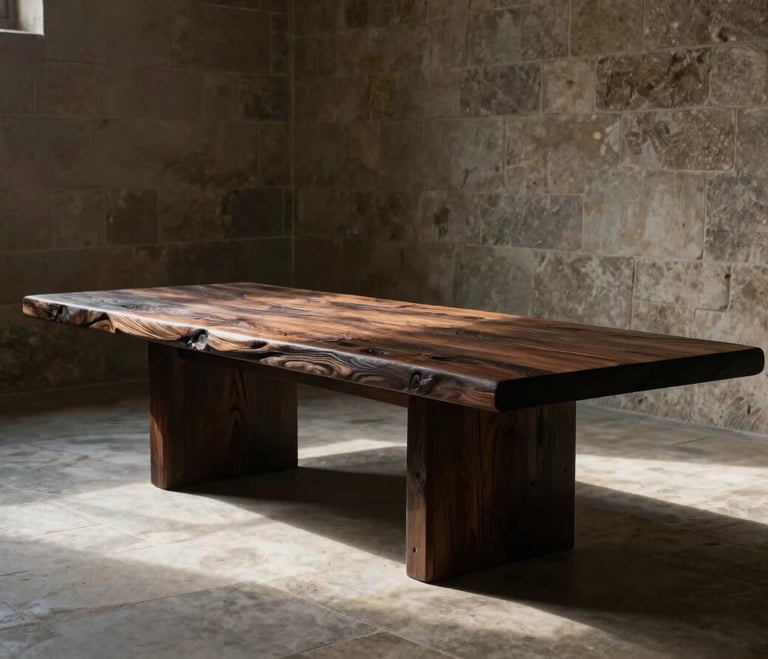 Monolithic dark wood table placed in an empty high-ceilinged stone room, single-source natural light cutting through deep shadows.
