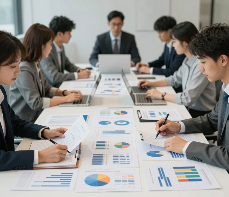 Data analysts in a modern office using laptops and charts to review business performance metrics.