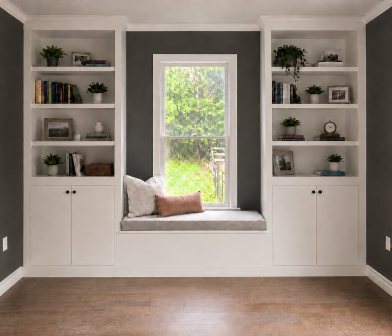 Custom built-in bookcases with window seat and storage cabinets