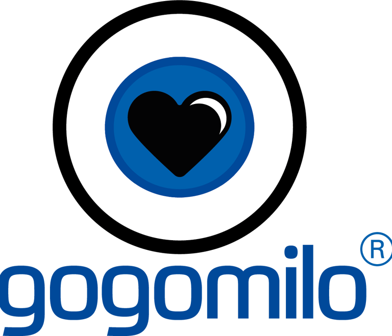 Gogomilo brand logo featuring a black heart icon inside a blue circle above blue lowercase text.