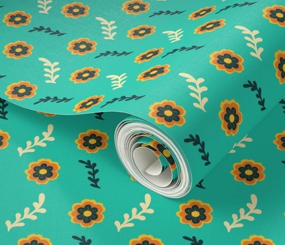 a green and yellow flowered wallpaper with a flower pattern