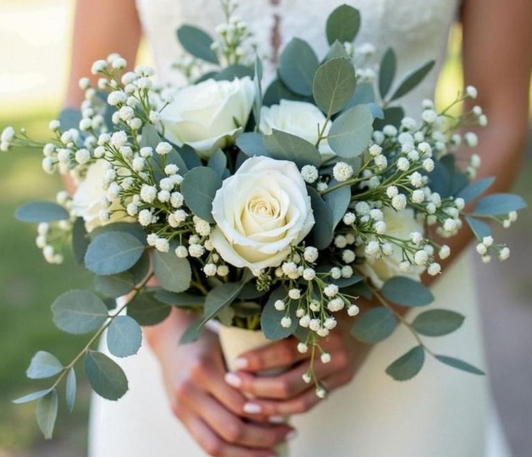 a bridesmael holding a bouquet of white roses