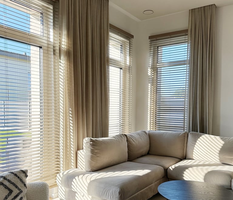 tarpinės užuolaidos ir medinės žaliuzės