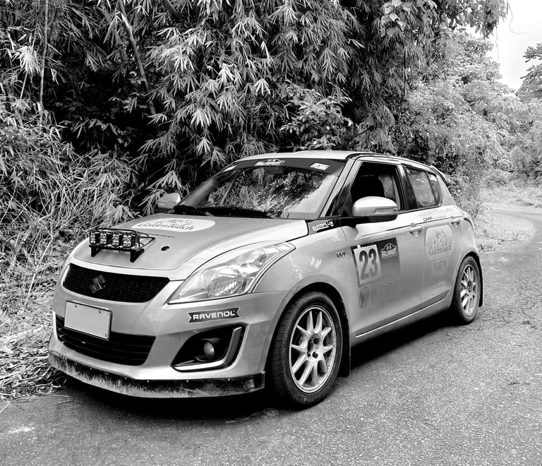 Rally car parked on an empty road with shrubbery and trees in the background