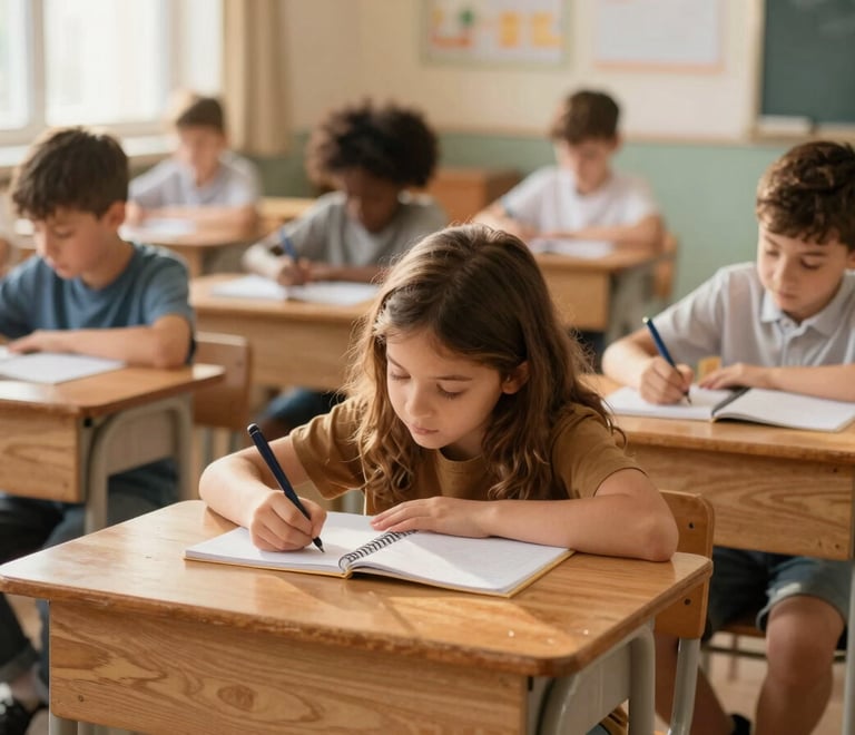 Wide environmental shot of a vibrant classroom, children sitting at wooden desks writing in notebooks, warm natural light, shallow depth of field