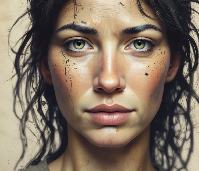 Close-up portrait of a woman with green eyes, messy dark hair, and dirt on her face looking serious.