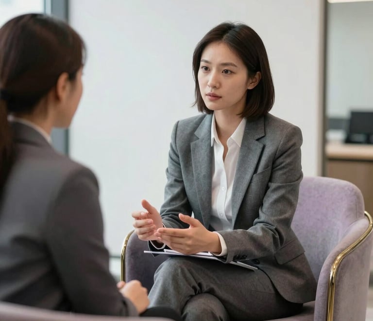 A professional and empathetic meeting in a bright, modern London office. A solicitor in a tailored business suit is providing personal guidance to a client. The composition is clean and focused, reflecting confidence and reliability. Colors featured: muted gold accents and periwinkle gray furniture.
