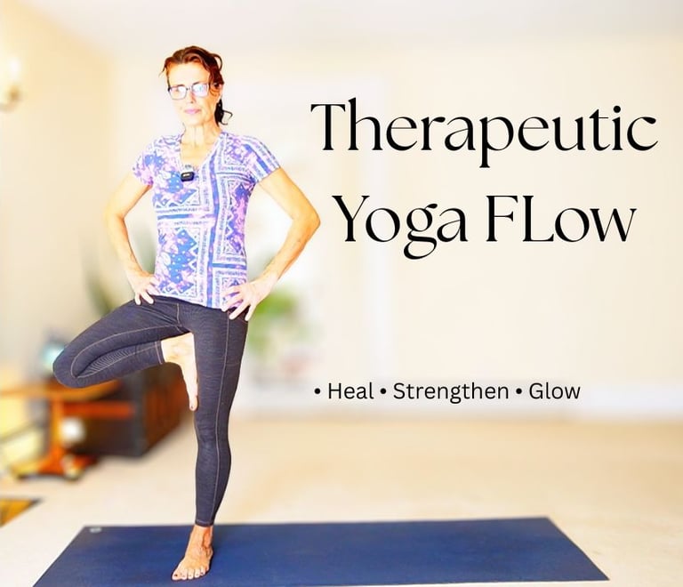 Woman practicing a therapeutic yoga flow tree pose for healing and strength on a mat.