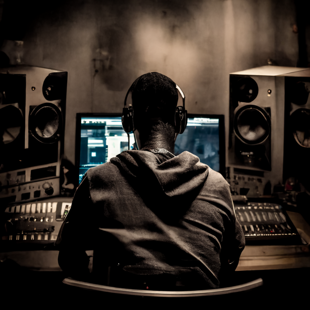 a man in a hoodie is sitting at a recording desk