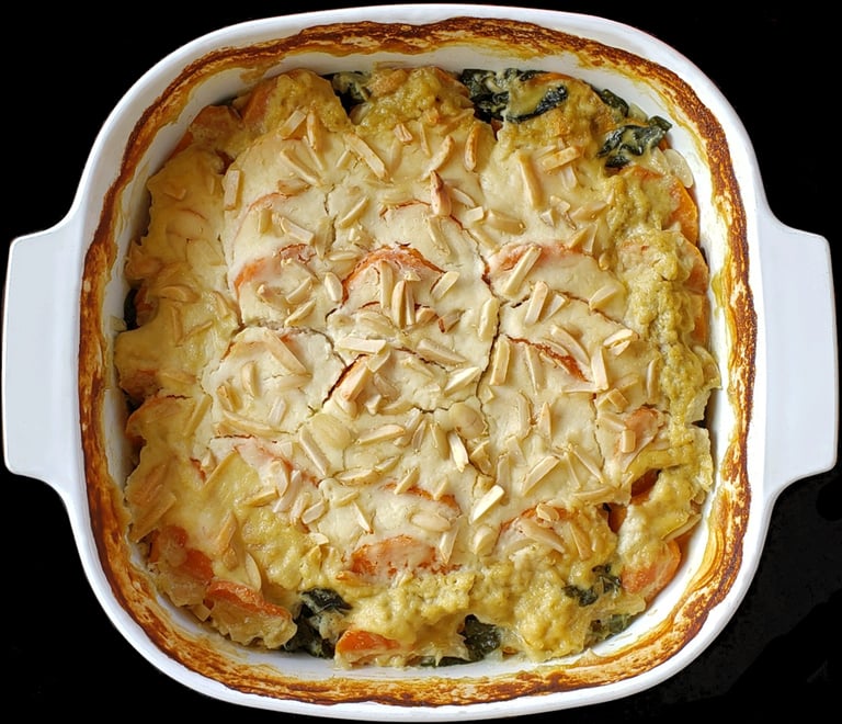 Almond Sweet Potato Spinach Bake