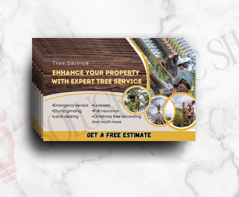 Tarjeta de tree service con fotos de trabajo, servicios y opción de estimado gratis.