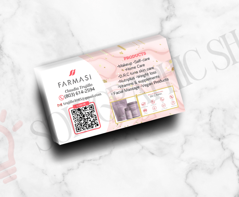 Tarjeta de productos de farmacia con QR, info de productos y fotos.