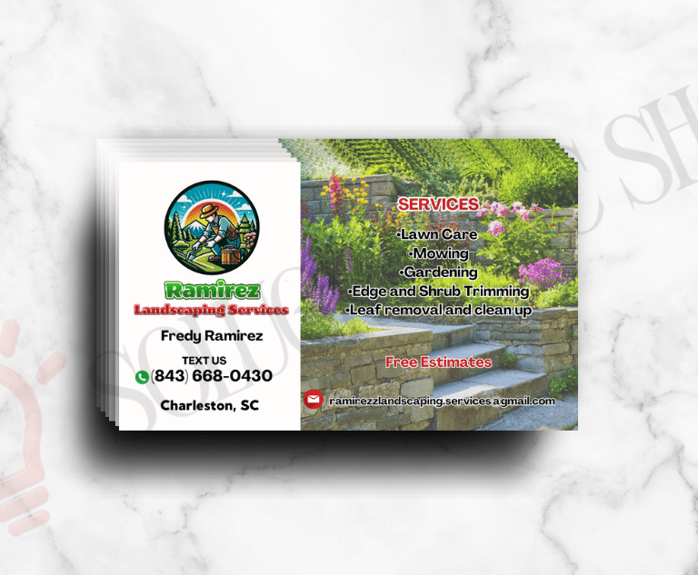 Tarjeta de landscaping con foto, logo, info y servicios.