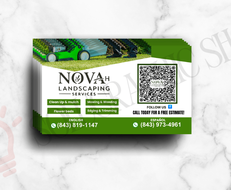 Tarjeta de landscaping con logo, QR, servicios y teléfonos.