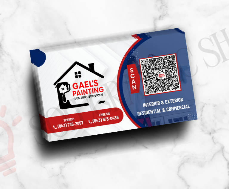 Tarjeta de un lado con logo, QR, teléfonos e información.