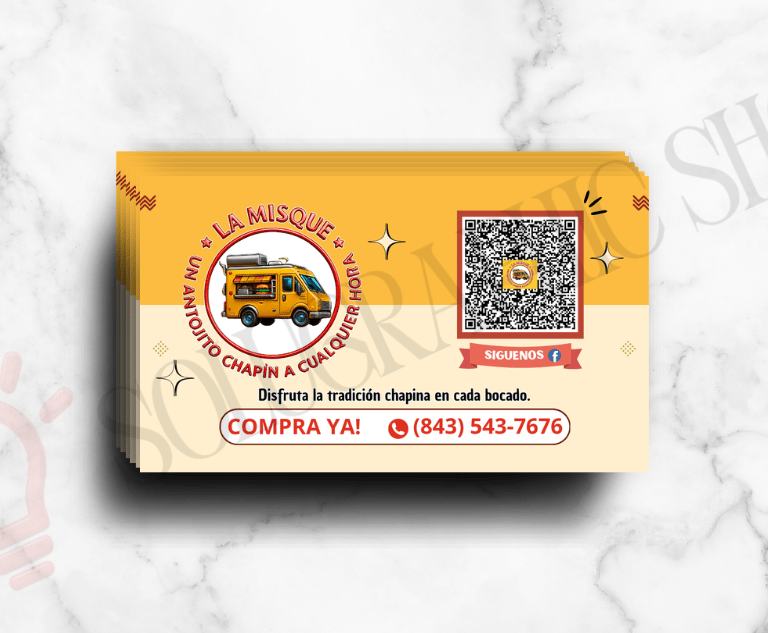 Tarjeta de food truck de sandía, diseño vertical amarillo, QR e información.