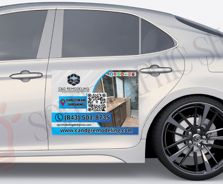 Car magnet de C&G Remodeling Construction LLC con fotos de trabajos, QR, web y teléfono.