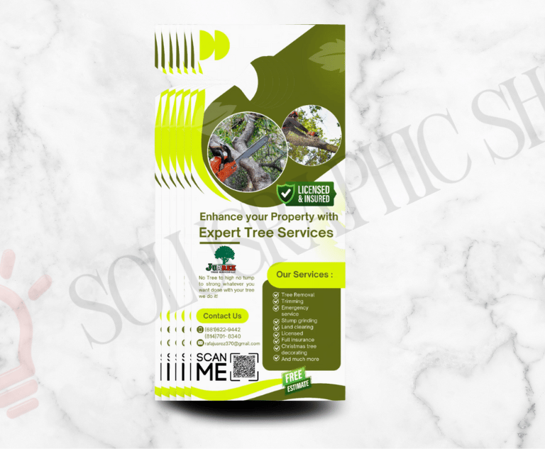 Door hanger de tree service con fotos, QR y datos de contacto.