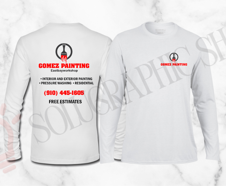 Camisa blanca manga larga de GOMEZ Painting con logo, servicios, teléfono y estimados gratis.