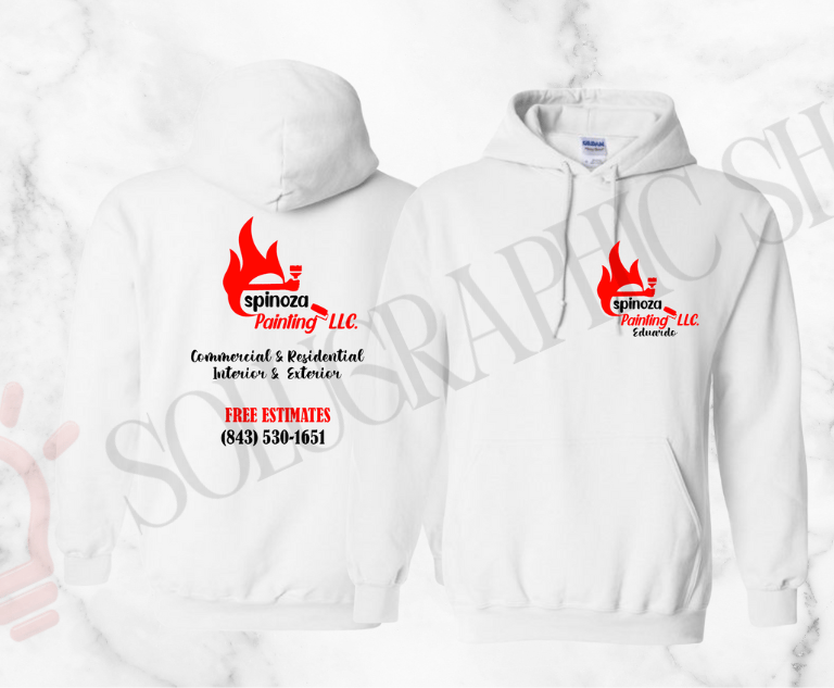 Hoodie blanco de ESPINOZA Painting LLC, logo al frente y atrás con teléfono y estimados gratis.