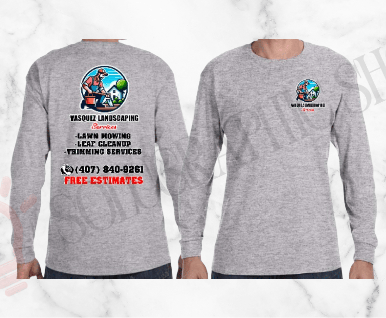 Camisa gris manga larga (DTF), logo al frente y atrás con servicios, teléfono y estimados gratis.
