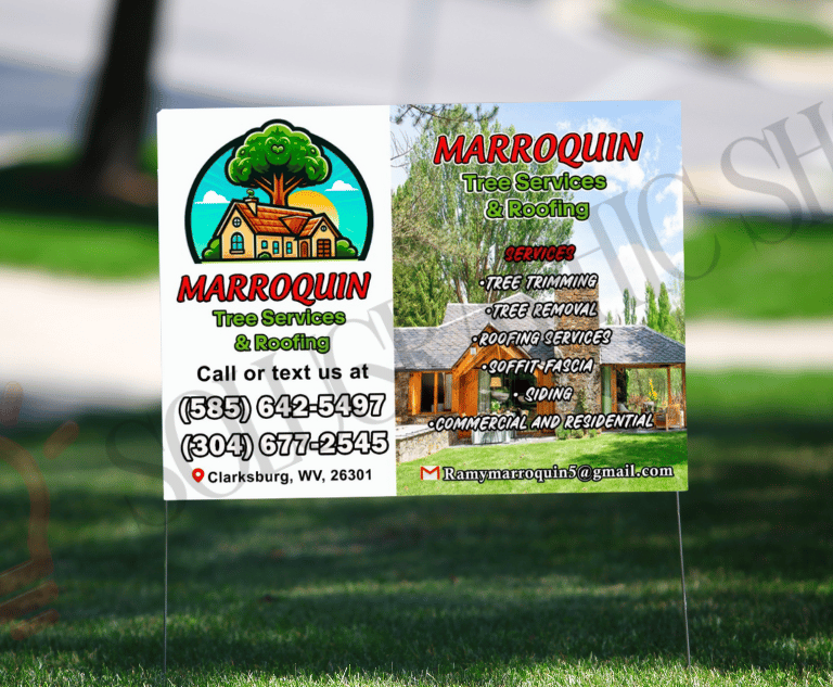 Yard sign de tree service con logo, fotos del trabajo, servicios y teléfonos.