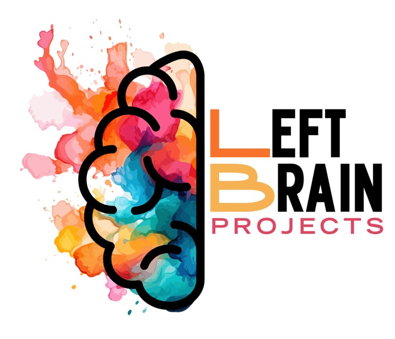Left Brain Projects logo featuring a vibrant watercolor brain illustration symbolizing creative thinking.