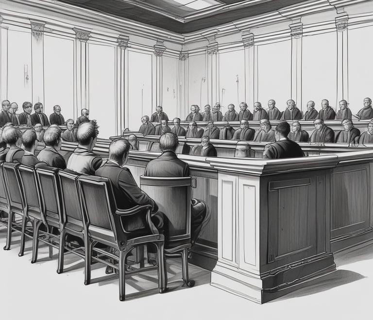 Bright courtroom filled with jurors and a judge