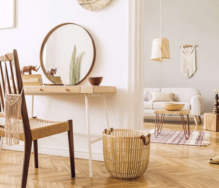 a room with a mirror and a chair