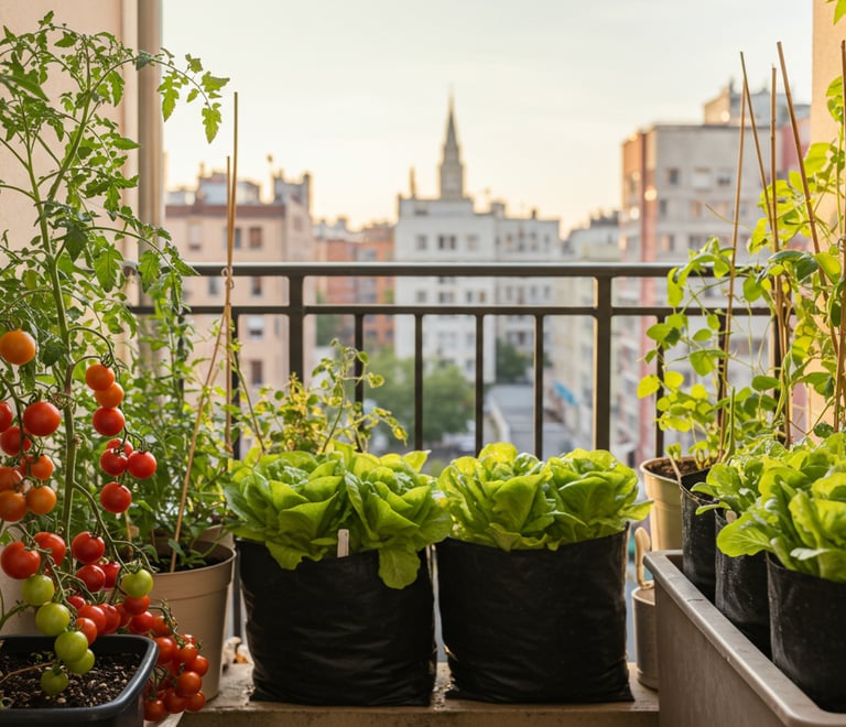 Balcony vegetable garden with tomatoes and lettuce