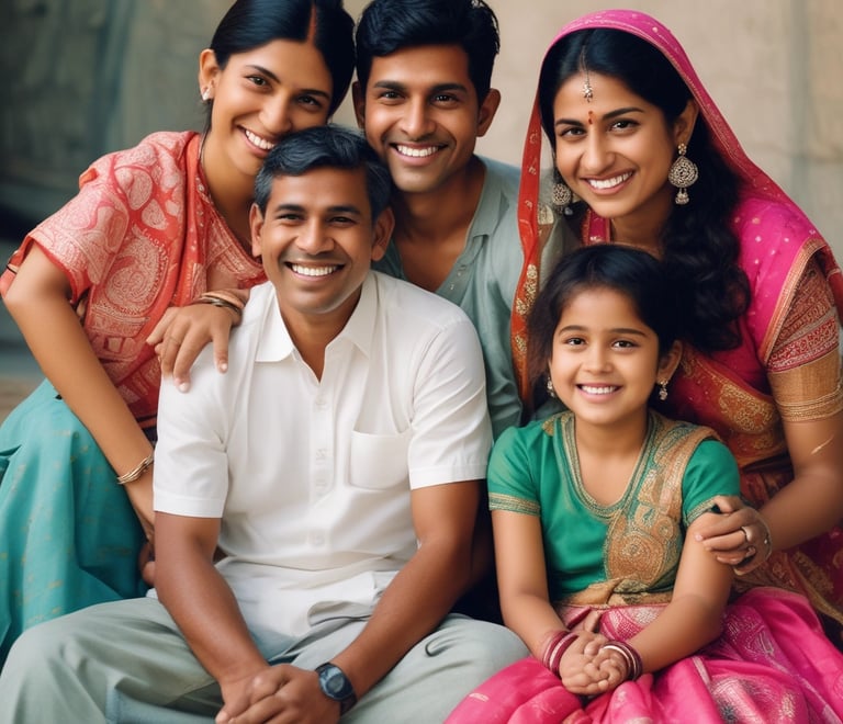 A happy family smiling together in their living room, symbolizing financial security.