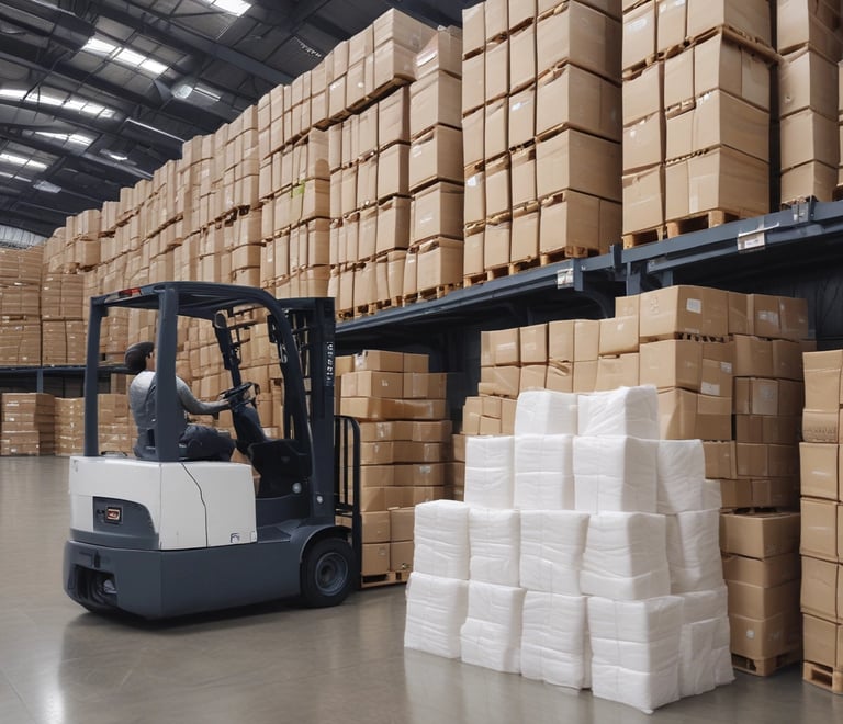 Close-up of soft, eco-friendly tissue rolls stacked neatly in a bright warehouse.
