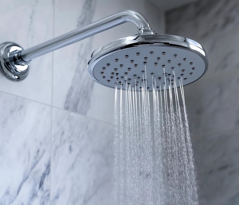 Close‑up of rain‑style showerhead spraying water – emphasizes quality fixtures used in Auckland