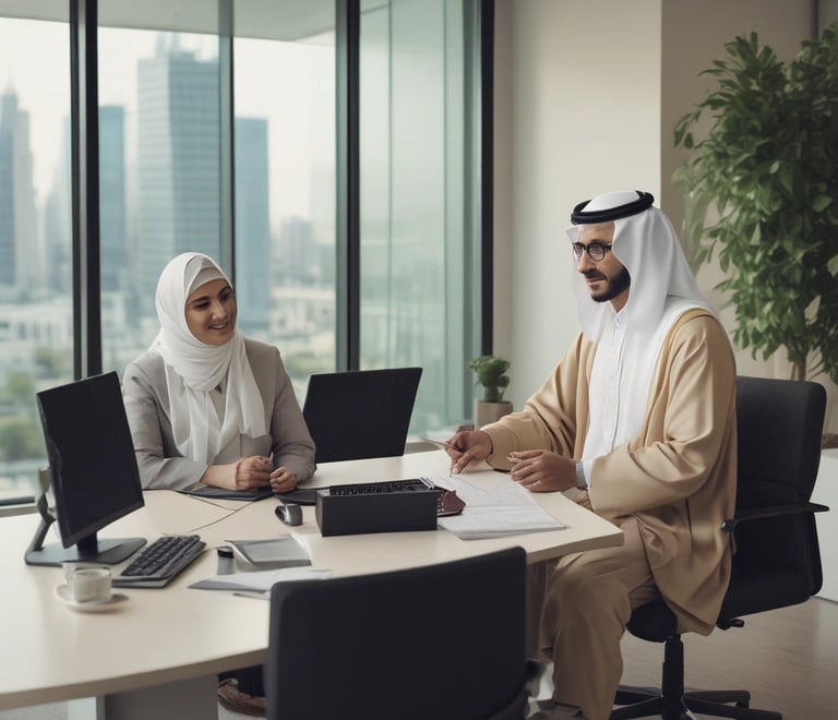 A friendly insurance broker discussing financing options with a client in a modern office.