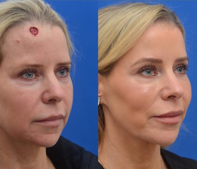Before and after photos showing Mohs surgery results for skin cancer removal on the forehead