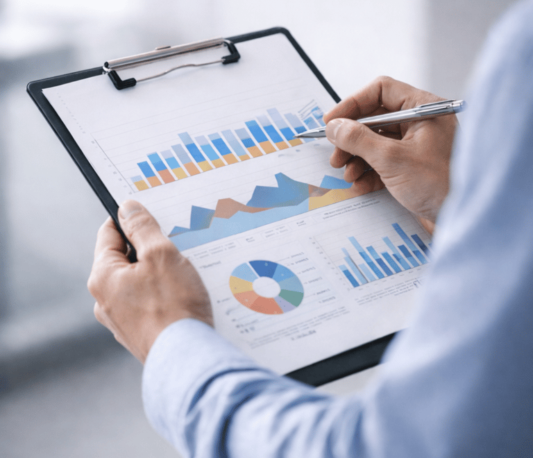 Advisor reviewing operational data and workflow signals on a clipboard to ensure sustained results and ongoing alignment.