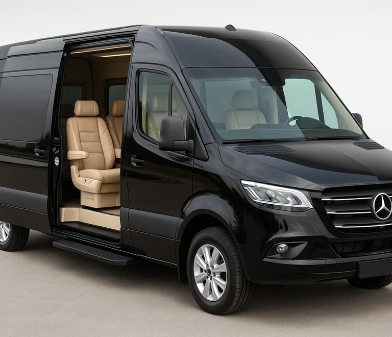 Black Mercedes-Benz Sprinter luxury passenger van with open sliding door and leather interior.