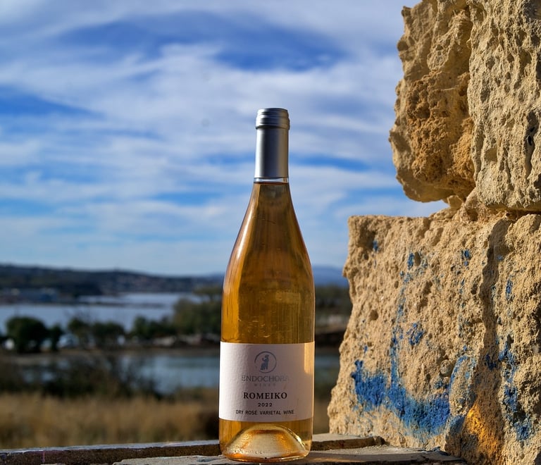 a bottle of greek rose wine sitting on a stone wall